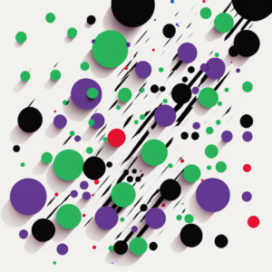 Black dots, primary purple dots, primary red dots, and primary green dots with hard edges randomly scattered around on a crisp white background with light grey lines connecting the dots. MidJourney Bot